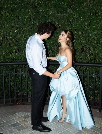 Baby Blue A Line V Neck Satin Short Long Prom Dress Evening Dress HZ1023